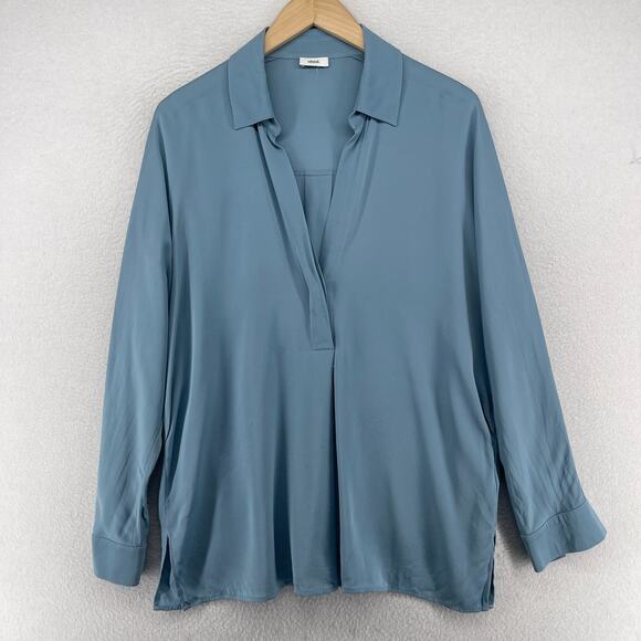 VINCE Top M Stretch Silk Satin Blouse Collared Popover Long Sleeve Blue - Picture 1 of 15
